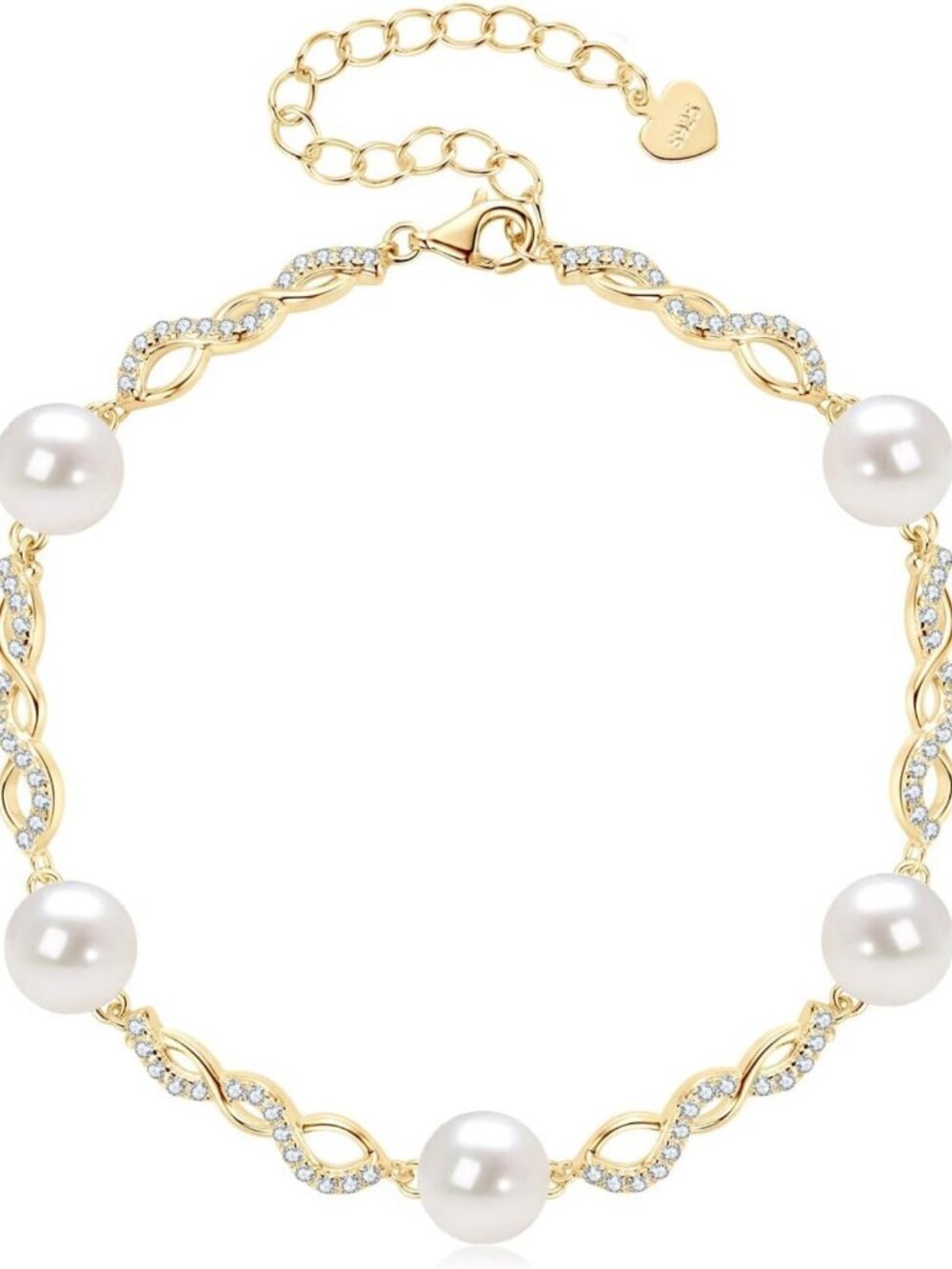 Elegant Gold Plated Infinity Bracelet with Freshwater Pearl & CZ, Adjustable